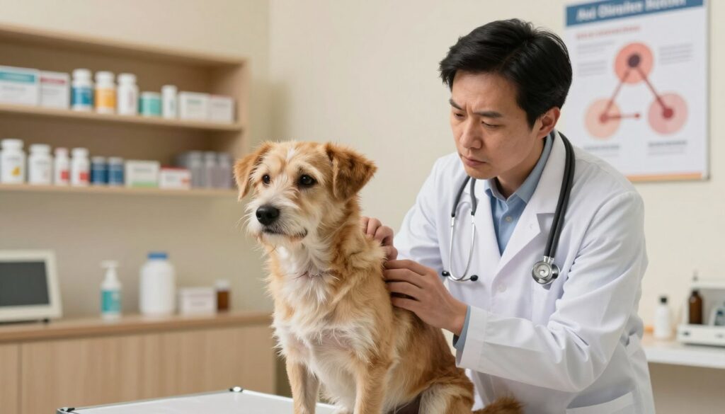 A concerned veterinarian examining a dog in a well-lit clinic, highlighting signs of potential adverse reactions to medication. In the foreground, the focused demeanor of the vet, dressed in professional attire, conveys seriousness as they inspect the dog's fur and skin. The middle ground features the dog, a medium-sized breed with a slightly anxious expression, sitting on an examination table. Its fur is slightly disheveled, suggesting a recent discomfort. In the background, shelves stocked with medical supplies and a poster on the wall about allergic reactions create a clinical ambiance. Warm, reassuring lighting enhances the sense of care and attention, aiming to evoke empathy and awareness regarding pet health and medication side effects. A concerned veterinarian examining a dog in a well-lit clinic, highlighting signs of potential adverse reactions to medication. In the foreground, the focused demeanor of the vet, dressed in professional attire, conveys seriousness as they inspect the dog's fur and skin. The middle ground features the dog, a medium-sized breed with a slightly anxious expression, sitting on an examination table. Its fur is slightly disheveled, suggesting a recent discomfort. In the background, shelves stocked with medical supplies and a poster on the wall about allergic reactions create a clinical ambiance. Warm, reassuring lighting enhances the sense of care and attention, aiming to evoke empathy and awareness regarding pet health and medication side effects.