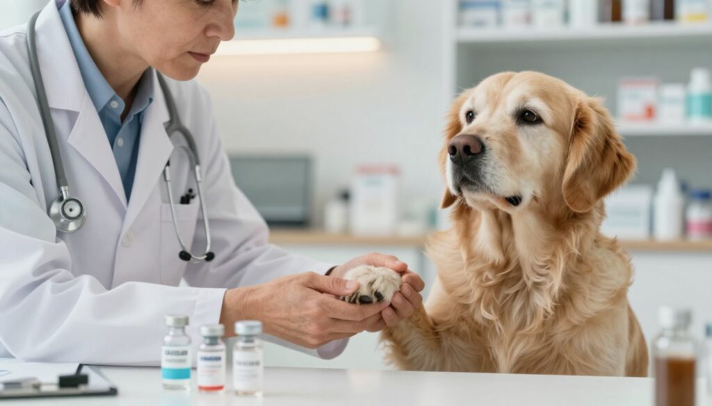 A concerned veterinarian examining an elderly dog in a well-lit clinic, highlighting the emotional connection and care. The foreground features the veterinarian, a middle-aged person in a white lab coat with a stethoscope, gently holding the dog's paw, portraying compassion and attentiveness. The dog, a golden retriever with signs of age like graying fur, sits patiently, looking up with trusting eyes. In the middle, medical tools and vaccine vials neatly arranged on a table represent the vaccination process. The background shows soft, ambient lighting that creates a calm atmosphere, with shelves filled with pet health supplies. The mood is serious yet nurturing, emphasizing the potential risks and aftereffects of vaccinations in older pets. A concerned veterinarian examining an elderly dog in a well-lit clinic, highlighting the emotional connection and care. The foreground features the veterinarian, a middle-aged person in a white lab coat with a stethoscope, gently holding the dog's paw, portraying compassion and attentiveness. The dog, a golden retriever with signs of age like graying fur, sits patiently, looking up with trusting eyes. In the middle, medical tools and vaccine vials neatly arranged on a table represent the vaccination process. The background shows soft, ambient lighting that creates a calm atmosphere, with shelves filled with pet health supplies. The mood is serious yet nurturing, emphasizing the potential risks and aftereffects of vaccinations in older pets.