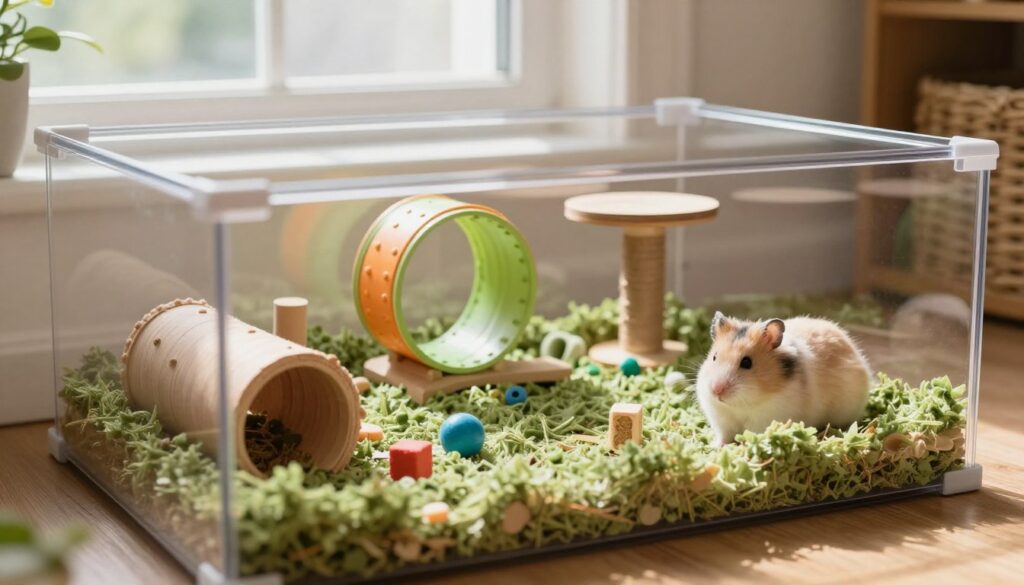 A cozy and engaging hamster enclosure in a home environment, showcasing a well-designed play area outside the cage. In the foreground, a lush, green area with soft bedding, tunnels, and climbing structures made of natural wood. The middle ground features a small, colorful wheel and scattered toys like chew blocks and balls. In the background, bright natural light streams in through a window, creating a warm, inviting atmosphere. Soft shadows enhance the details of the scene, capturing the essence of a playful hamster environment. The overall mood is cheerful, safe, and nurturing, emphasizing the importance of an enriching habitat for hamsters. The image should focus solely on the setting, with no human figures present. A cozy and engaging hamster enclosure in a home environment, showcasing a well-designed play area outside the cage. In the foreground, a lush, green area with soft bedding, tunnels, and climbing structures made of natural wood. The middle ground features a small, colorful wheel and scattered toys like chew blocks and balls. In the background, bright natural light streams in through a window, creating a warm, inviting atmosphere. Soft shadows enhance the details of the scene, capturing the essence of a playful hamster environment. The overall mood is cheerful, safe, and nurturing, emphasizing the importance of an enriching habitat for hamsters. The image should focus solely on the setting, with no human figures present.