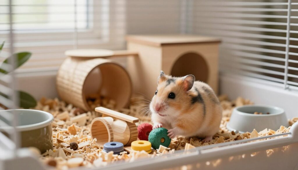 A cozy and inviting scene featuring a playful hamster in a well-furnished habitat. In the foreground, the hamster is interacting with a small wheel and colorful chew toys. In the middle ground, a naturalistic backdrop shows a well-lit, clean cage filled with bedding, tunnels, and a small food dish, highlighting aspects of proper care. The background includes soft, diffused lighting emanating from a nearby window, casting gentle shadows that create a warm and peaceful ambiance. The overall mood is cheerful, emphasizing the joy of pet ownership and the importance of correct care. Focus closely on the hamster's expressions, capturing its curiosity and liveliness while maintaining a soft depth of field for a heartwarming effect.