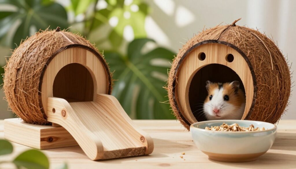 A cozy and inviting scene showcasing a safe hamster house made from natural materials like coconut husk, untreated wood, and ceramic. In the foreground, a beautifully crafted hamster house made of coconut shell, with small entry points and textured surfaces for climbing. On one side, pieces of smooth, pale wood with knots and grains provide a contrast, while a charming ceramic bowl is placed nearby, filled with organic bedding. In the middle ground, softly blurred green foliage enhances the natural vibe, while a small, playful hamster peeks out from the entrance, curious and alert. The background features soft, dappled sunlight filtering through leaves, creating a warm and tranquil atmosphere. The focus is sharp on the materials, highlighting their safety and suitability for pets. Aim for a bright, cheerful mood to illustrate the harmony of nature and pet care.