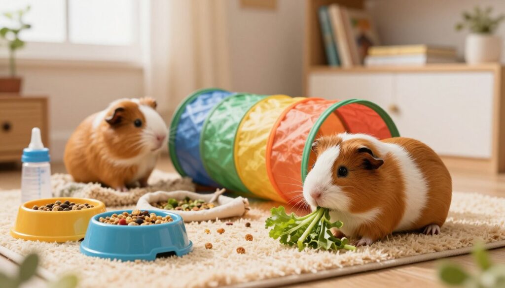 A cozy and inviting scene showcasing two adorable guinea pigs in a well-decorated indoor habitat. In the foreground, one guinea pig is joyfully munching on fresh vegetables, while the other is playfully exploring a colorful tunnel. In the middle, a neatly organized setup includes various pet accessories such as food bowls filled with pellets, a bedding area with soft bedding material, and a small water bottle. The background features a warm, softly lit room with shelves holding pet care books and a gentle light filtering through a window, creating a serene atmosphere. Capture the intricate details of the guinea pigs' fur texture and the vibrant colors of the habitat. Overall, the image should evoke a sense of warmth and care, reflecting the costs and accessories needed for keeping guinea pigs. A cozy and inviting scene showcasing two adorable guinea pigs in a well-decorated indoor habitat. In the foreground, one guinea pig is joyfully munching on fresh vegetables, while the other is playfully exploring a colorful tunnel. In the middle, a neatly organized setup includes various pet accessories such as food bowls filled with pellets, a bedding area with soft bedding material, and a small water bottle. The background features a warm, softly lit room with shelves holding pet care books and a gentle light filtering through a window, creating a serene atmosphere. Capture the intricate details of the guinea pigs' fur texture and the vibrant colors of the habitat. Overall, the image should evoke a sense of warmth and care, reflecting the costs and accessories needed for keeping guinea pigs.