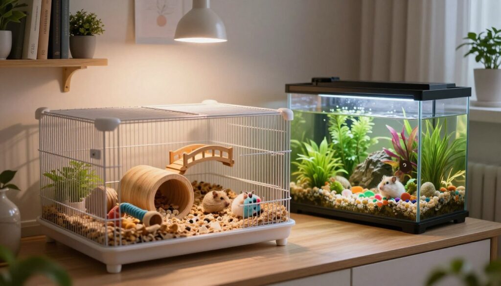 A cozy and well-decorated pet habitat featuring both a spacious cage for a Roborovski hamster and a glass aquarium for a dwarf hamster, set in a softly lit room. In the foreground, the cage is filled with organic bedding, tunnels, and chew toys, inviting exploration. Beside it, the aquarium showcases a lush environment with vibrant aquatic plants and colorful gravel, offering a serene aqua space. The middle ground reveals small decorative elements like a miniature bridge and soft lighting that casts gentle shadows, creating a warm and welcoming atmosphere. In the background, a soft-focus bookshelf and indoor plants enhance the tranquil setting. The overall mood is peaceful and nurturing, perfect for small pet care.
