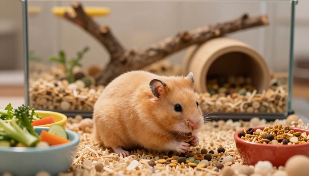 A cozy and well-lit scene depicting a hamster in a spacious and clean habitat filled with soft bedding materials and colorful toys. In the foreground, a fluffy golden hamster is grooming itself contentedly, showcasing its shiny, healthy fur. Around it are small bowls with fresh vegetables and pellets, representing a balanced diet that contributes to its health. In the middle background, a glass enclosure is filled with natural elements like branches and tunnels, creating a safe environment for the hamster. The lighting is warm and inviting, casting gentle shadows and highlighting the hamster's fur texture. The overall mood is cheerful and nurturing, evoking the importance of diet and care in maintaining the health and appearance of pet hamsters.