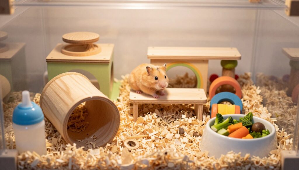 A cozy hamster cage interior, designed for optimal hamster welfare and longevity. In the foreground, a clean, spacious enclosure with soft bedding material and a variety of tunnels, providing enrichment. Place a small water bottle and a ceramic food dish filled with fresh vegetables. In the middle, a playful hamster exploring a colorful climbing structure made of natural wood, surrounded by chew toys to promote dental health. The background features a warm, gentle light, simulating a natural environment, with soft shadows enhancing the textures of the bedding and wood. The overall atmosphere is serene and inviting, showcasing a healthy living space that contributes to a happier, longer life for the hamster. A cozy hamster cage interior, designed for optimal hamster welfare and longevity. In the foreground, a clean, spacious enclosure with soft bedding material and a variety of tunnels, providing enrichment. Place a small water bottle and a ceramic food dish filled with fresh vegetables. In the middle, a playful hamster exploring a colorful climbing structure made of natural wood, surrounded by chew toys to promote dental health. The background features a warm, gentle light, simulating a natural environment, with soft shadows enhancing the textures of the bedding and wood. The overall atmosphere is serene and inviting, showcasing a healthy living space that contributes to a happier, longer life for the hamster.