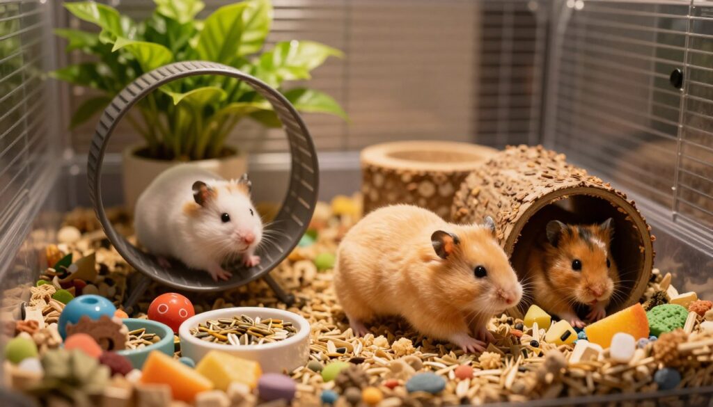A cozy hamster cage scene featuring various types of hamsters in their natural behaviors. In the foreground, a golden Syrian hamster energetically runs on a wheel, its fur glistening under soft, warm lighting. Beside it, a Campbell's dwarf hamster explores a small tunnel made of natural materials. In the middle ground, you can see an intricate setup with colorful bedding, chew toys, and small dishes filled with seeds and fresh fruit. The background highlights a transparent cage with a vibrant green plant and soft ambient lighting, creating a warm and inviting atmosphere. The focus is on the hamsters' active lifestyles, showcasing their curiosity and playful nature, emphasizing their distinct characteristics within the habitat.