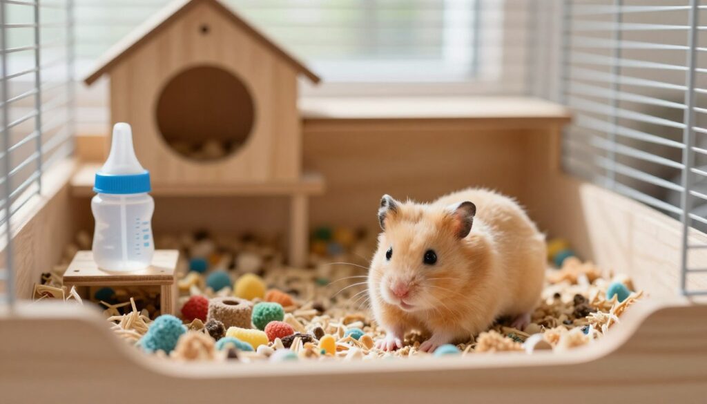 A cozy hamster cage setting, prominently featuring a clean and well-maintained wooden habitat with a variety of colorful bedding materials. In the foreground, a happy golden dwarf hamster is exploring its surroundings, showcasing its curiosity. The middle ground includes a small water bottle and a few chew toys, emphasizing the importance of hygiene and stimulation. The background is softly blurred, revealing a glimpse of a natural light coming from a window, casting gentle shadows and warm highlights across the scene. The atmosphere is lively yet tranquil, encouraging a sense of care and cleanliness in pet ownership. The overall mood should evoke feelings of joy and responsibility, creating an inviting space for the hamster. A cozy hamster cage setting, prominently featuring a clean and well-maintained wooden habitat with a variety of colorful bedding materials. In the foreground, a happy golden dwarf hamster is exploring its surroundings, showcasing its curiosity. The middle ground includes a small water bottle and a few chew toys, emphasizing the importance of hygiene and stimulation. The background is softly blurred, revealing a glimpse of a natural light coming from a window, casting gentle shadows and warm highlights across the scene. The atmosphere is lively yet tranquil, encouraging a sense of care and cleanliness in pet ownership. The overall mood should evoke feelings of joy and responsibility, creating an inviting space for the hamster.