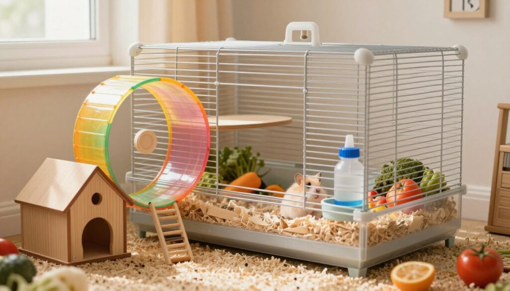 A cozy hamster cage setup, filled with soft bedding materials and accessories. In the foreground, a colorful exercise wheel spins beside a small wooden house, providing a perfect hideaway for the hamster. The middle ground features a spacious wire cage with multiple levels, including a food bowl and a water bottle. Fresh vegetables are scattered throughout for added charm. In the background, a warm light filters in through a nearby window, casting soft shadows to create a welcoming atmosphere. The scene reflects a playful and nurturing environment for a pet hamster, highlighting essential items like bedding, food, and exercise gear. The overall mood is cheerful and inviting, emphasizing the joy of caring for a small pet.