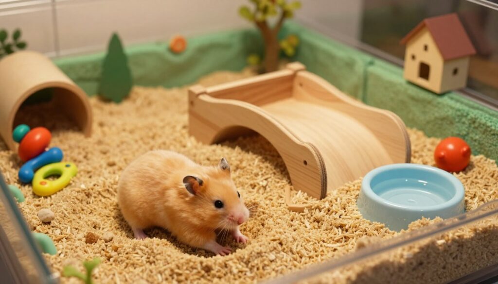 A cozy hamster habitat featuring a vibrant exercise area with a small sandbath designed specifically for hamsters. In the foreground, a fluffy golden hamster playfully digging and rolling in the clean, golden sand. In the middle, a detailed wooden sandbox with natural textures, surrounded by colorful chew toys and a small water dish. The background has a soft-focus view of a larger cage with green bedding, tunnels, and small decorative elements like a miniature house. The lighting is warm and inviting, with soft shadows creating a pleasant atmosphere. The angle is slightly elevated to provide a clear view of the hamster interacting joyfully with the sand, emphasizing a safe and enriching environment for pet care.
