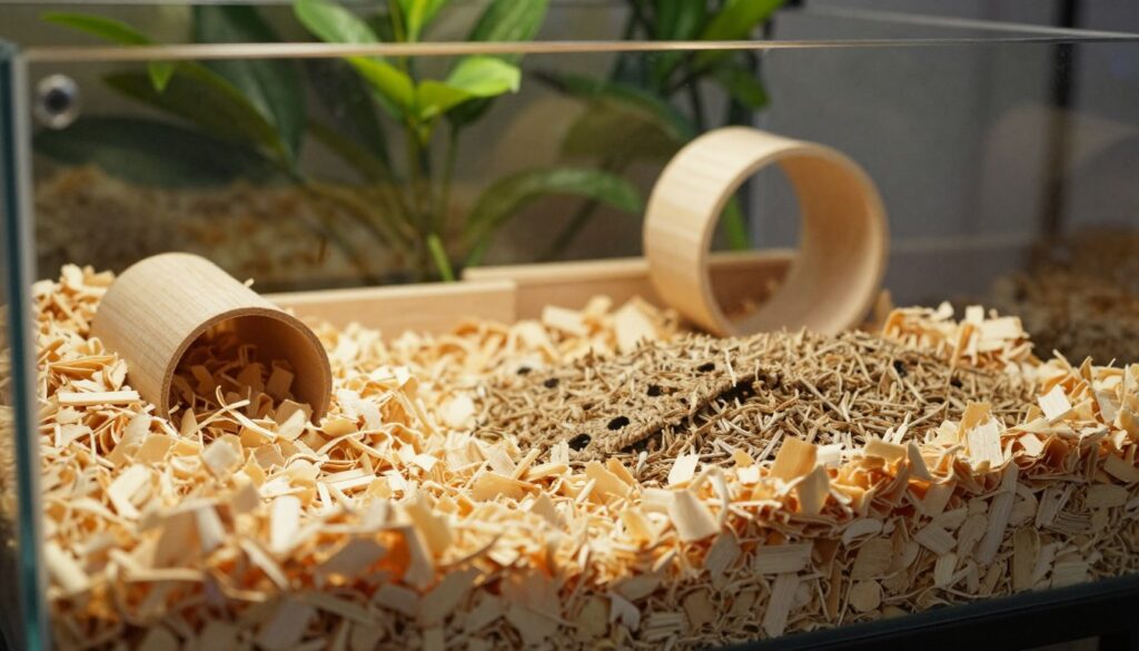 A cozy hamster habitat featuring layers of soft, natural bedding. In the foreground, there's a pile of golden wood shavings, alongside eco-friendly paper-based bedding, arranged harmoniously to showcase texture. The middle ground reveals a well-structured glass aquarium, clean and tidy, with small tunnels and a toy wheel included. The background displays a hint of lush green plants, enhancing the natural atmosphere. Soft, warm lighting creates a nurturing ambiance, highlighting the warm tones of the substrate, while a slight depth of field focuses on the bedding textures. The mood is tranquil and inviting, perfect for illustrating the importance of proper substrate in a hamster's environment.