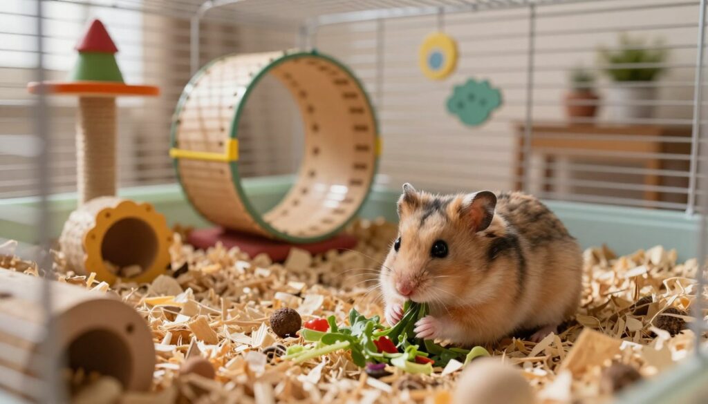 A cozy hamster habitat in a well-lit room, focusing on a spacious cage filled with natural bedding, chew toys, a wheel, and climbing structures, highlighting a cheerful hamster exploring its environment. The foreground features the hamster happily nibbling on some fresh veggies, with a close-up view to capture its texture and fur details. In the middle, the cage is designed with vibrant colors and playful decorations, while the background shows a softly lit room with a few potted plants and a comforting atmosphere. The lighting is warm and inviting, with soft shadows to enhance the cozy feel of the space. The mood is peaceful and nurturing, showcasing an ideal environment for a hamster. A cozy hamster habitat in a well-lit room, focusing on a spacious cage filled with natural bedding, chew toys, a wheel, and climbing structures, highlighting a cheerful hamster exploring its environment. The foreground features the hamster happily nibbling on some fresh veggies, with a close-up view to capture its texture and fur details. In the middle, the cage is designed with vibrant colors and playful decorations, while the background shows a softly lit room with a few potted plants and a comforting atmosphere. The lighting is warm and inviting, with soft shadows to enhance the cozy feel of the space. The mood is peaceful and nurturing, showcasing an ideal environment for a hamster.