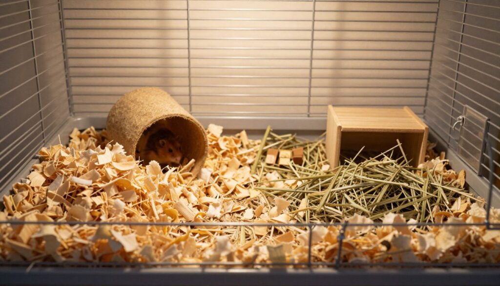 A cozy hamster habitat scene featuring a softly lit, well-arranged cage. In the foreground, vibrant piles of soft, natural bedding material made of aspen shavings and hay, invitingly shaped, create a comfortable environment for small rodents. In the middle ground, a variety of digging toys like tunnels and small boxes are embedded within the bedding, emphasizing the playful nature of hamsters. The background showcases a clean, spacious cage wire setup. The lighting is warm and gentle, casting soft shadows that enhance the textures of the bedding and toys, creating a peaceful and nurturing atmosphere. The overall mood is serene and inviting, perfect for illustrating a hamster’s comfort zone.