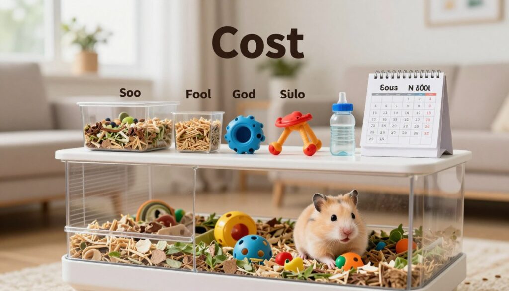 A cozy home environment showcasing the costs of caring for a Syrian hamster. In the foreground, a happy Syrian hamster plays with colorful toys in a spacious, well-furnished cage filled with fresh bedding and food. The middle layer features a cost breakdown on a beautifully arranged table, displaying various supplies such as bedding, food, toys, and a small water bottle, with price tags and calendars hinting at monthly and yearly expenses. The background reveals a bright, inviting room with soft lighting through a window, creating a warm and nurturing atmosphere. The overall mood is cheerful and educational, emphasizing the responsibilities and joys of hamster ownership.