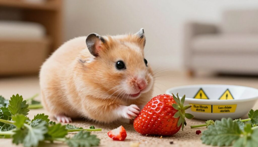 A cozy indoor environment featuring a cute, fluffy hamster, focused on its thoughtful expression as it curiously inspects a vibrant strawberry. The hamster is positioned in the foreground, surrounded by bits of fresh greenery and small fragments of strawberry, illustrating potential risks like digestive upset. In the middle ground, a small dish labeled with health hazard symbols subtly hints at issues like diarrhea and allergies. Soft, natural lighting bathes the scene, enhancing the textures of the hamster's fur and the fruit's surface, creating a warm and informative atmosphere. The background consists of a blurred home setting, adding depth while keeping the attention on the hamster and strawberry, without any distractions like text or labels. A cozy indoor environment featuring a cute, fluffy hamster, focused on its thoughtful expression as it curiously inspects a vibrant strawberry. The hamster is positioned in the foreground, surrounded by bits of fresh greenery and small fragments of strawberry, illustrating potential risks like digestive upset. In the middle ground, a small dish labeled with health hazard symbols subtly hints at issues like diarrhea and allergies. Soft, natural lighting bathes the scene, enhancing the textures of the hamster's fur and the fruit's surface, creating a warm and informative atmosphere. The background consists of a blurred home setting, adding depth while keeping the attention on the hamster and strawberry, without any distractions like text or labels.