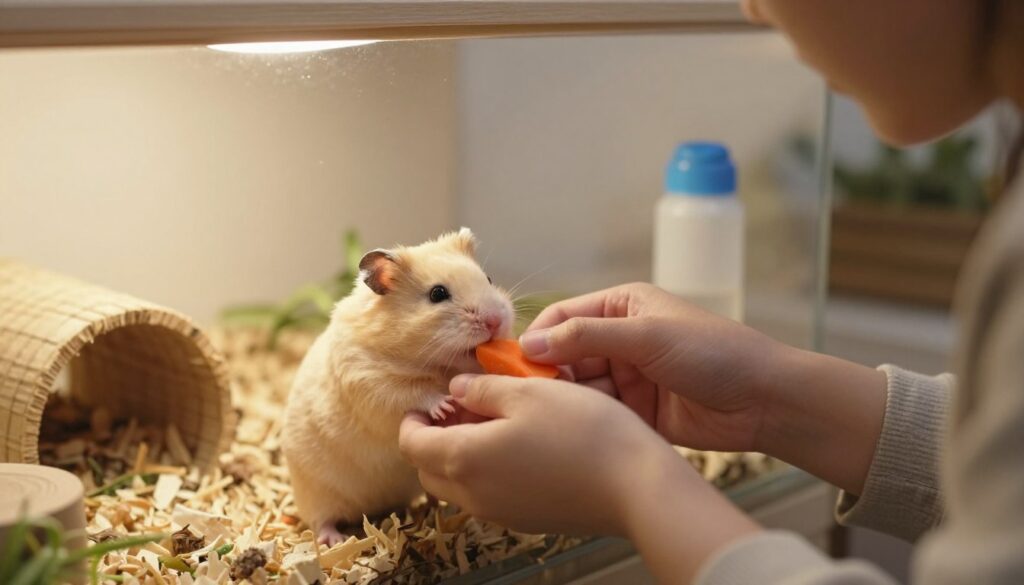 A cozy indoor scene featuring a person gently handling a Dzungarian hamster in a natural, safe environment. In the foreground, a caring individual, dressed in casual, modest clothing, is slowly offering the hamster a small piece of fresh carrot, displaying a nurturing expression. The middle of the image showcases the hamster with its soft, fluffy fur, looking curious and at ease. The background includes a well-furnished hamster habitat with tunnels, bedding, and a small water bottle, all softly lit by warm, inviting light that creates a calm atmosphere. The composition emphasizes the bond between the caretaker and the hamster, promoting a feeling of tranquility and responsibility in pet care.
