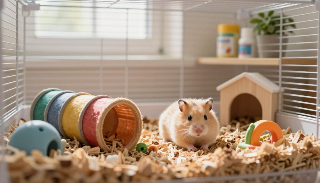 A cozy indoor scene featuring a spacious, well-designed habitat for a Dwarf hamster. In the foreground, the cage is filled with natural bedding, colorful tunnels, and small toys, capturing the essence of a nurturing environment. The hamster, a fluffy Dwarf hamster with soft fur, is playfully exploring its cage, showcasing its lively character. In the middle ground, soft sunlight filters through a nearby window, creating warm highlights that emphasize the inviting atmosphere. The background includes a small shelf with hamster care essentials and a houseplant, enhancing the domestic setting. The image incorporates a slight depth of field, focusing on the hamster and its habitat, while maintaining a calm and cheerful mood, perfect for readers interested in pet care.