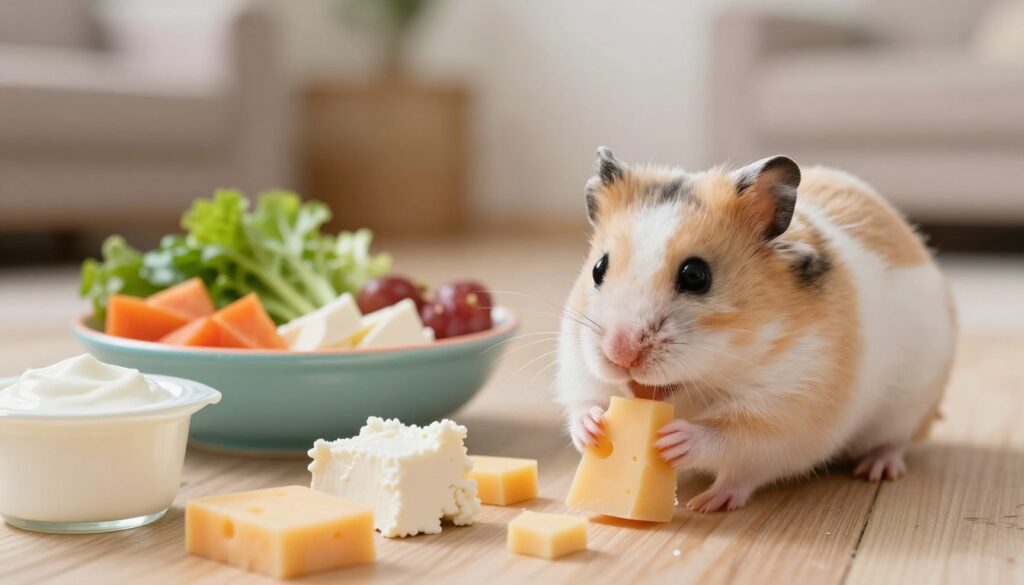 A cozy indoor setting featuring a cute, fluffy hamster curiously exploring a variety of dairy alternatives. In the foreground, the hamster is nibbler on small pieces of soft, non-yellow cheese as well as yogurt and cottage cheese. In the middle ground, a small, colorful dish filled with fresh vegetables and other protein sources suitable for hamsters is displayed. The background consists of a warm and inviting home environment, with soft lighting to create a serene atmosphere. A softly blurred effect mimics a shallow depth of field, focusing attention on the hamster and its food. The overall mood should be playful and educational, highlighting the suitability of these safer dairy alternatives for hamsters. A cozy indoor setting featuring a cute, fluffy hamster curiously exploring a variety of dairy alternatives. In the foreground, the hamster is nibbler on small pieces of soft, non-yellow cheese as well as yogurt and cottage cheese. In the middle ground, a small, colorful dish filled with fresh vegetables and other protein sources suitable for hamsters is displayed. The background consists of a warm and inviting home environment, with soft lighting to create a serene atmosphere. A softly blurred effect mimics a shallow depth of field, focusing attention on the hamster and its food. The overall mood should be playful and educational, highlighting the suitability of these safer dairy alternatives for hamsters.
