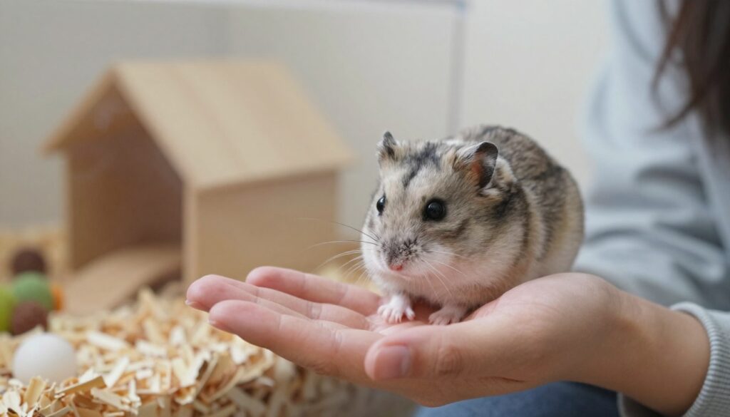 A cozy indoor setting featuring a person gently interacting with a Dwarf hamster sitting on their palm. The hamster has soft, fluffy fur with shades of gray and white, showing curiosity as it sniffs the person’s fingers. The foreground highlights the hamster and hand with a focus on fine details like whiskers and fur texture. In the middle background, a small hamster habitat filled with natural materials like wood shavings and chew toys is visible but slightly blurred for depth. The background remains soft and neutral-colored, showcasing a warm, inviting atmosphere with soft lighting illuminating the scene, creating a serene and gentle mood. The person is wearing casual clothing, embodying a nurturing approach towards the hamster.