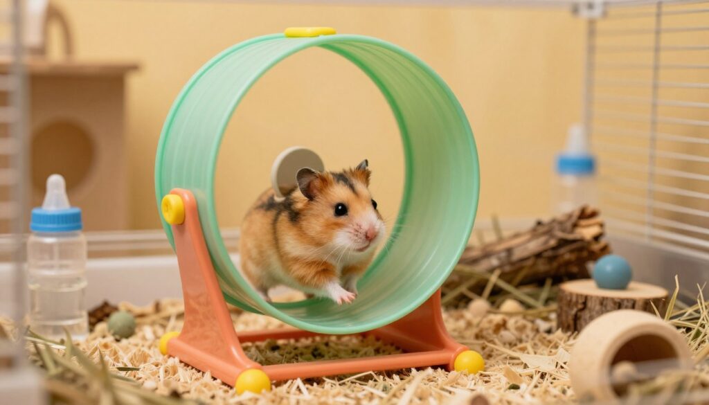 A cozy indoor setting featuring a well-designed hamster wheel specifically made for hamsters. In the foreground, focus on a high-quality, colorful, and safe hamster wheel, showcasing its sturdy construction and smooth, quiet operation. The wheel is thoughtfully placed on soft bedding inside a spacious cage. In the middle ground, include a curious, healthy hamster running enthusiastically within the wheel, embodying the joy of movement. In the background, softly lit by warm, ambient light, highlight additional elements such as a small water bottle, a few toys, and natural materials like wood and hay, creating a homely atmosphere. The overall mood should be cheerful and safe, capturing the essence of a happy, active hamstery lifestyle.
