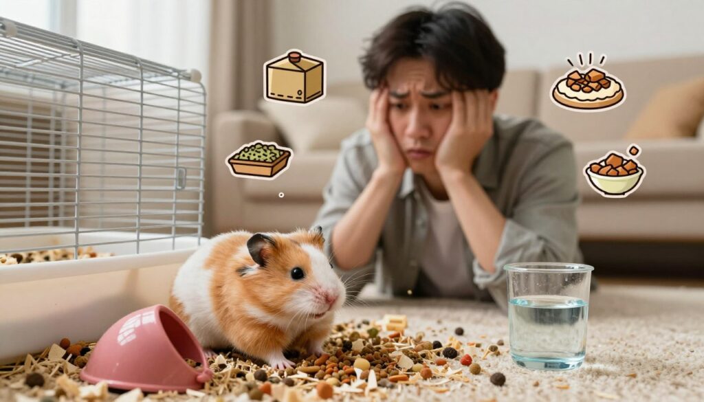 A cozy indoor setting showcasing common mistakes pet owners make that can shorten the lifespan of Syrian hamsters. In the foreground, a cute, fluffy Syrian hamster in a small, poorly maintained cage surrounded by scattered bedding, a tipped-over food bowl, and a lack of fresh water. In the middle background, a concerned owner, depicted in modest casual clothing, looks distressed while observing the disarray. Around them, various symbols of care mistakes: an inappropriate cage size, unsuitable bedding materials, and unbalanced diet items, such as junk food. The lighting is warm and soft, creating a compassionate atmosphere that evokes concern for the pet's wellbeing. The composition captures the critical message of awareness and responsibility in pet care.