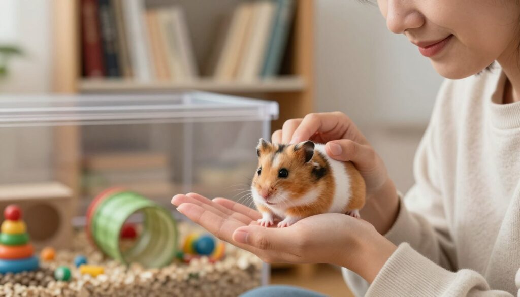 A cozy, inviting scene of a person gently interacting with a small, friendly hamster in a well-lit room. In the foreground, the hamster is perched on the person's open palm, its fur shimmering in soft, warm light, showcasing a palette of browns and whites. The person, wearing a casual, light-colored sweater, has a look of patience and care, demonstrating a slow and deliberate movement. In the middle ground, a spacious hamster habitat with colorful toys and tunnels provides an engaging environment. The background features a blurred bookshelf filled with books on pets and care, contributing to a homely atmosphere. The lighting is soft and natural, emanating a sense of calm and warmth, perfectly capturing the moment of fostering trust and affection between pet and owner.