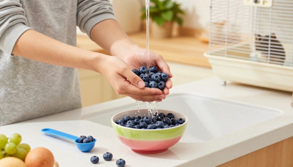A cozy kitchen scene showcasing a step-by-step process for preparing blueberries for a hamster. In the foreground, a person with modest casual clothing is gently rinsing fresh, plump blueberries under running water, displaying care and attention. The middle layer features a clean countertop with a small, colorful bowl filled with the washed blueberries, alongside a measuring spoon for portioning. In the background, there is a warm, softly lit kitchen setting with a plant and a hamster cage visible, enhancing the homely atmosphere. The lighting is bright and cheerful, creating a vibrant mood, with a shallow depth of field focusing on the preparation process while softly blurring the background elements. A cozy kitchen scene showcasing a step-by-step process for preparing blueberries for a hamster. In the foreground, a person with modest casual clothing is gently rinsing fresh, plump blueberries under running water, displaying care and attention. The middle layer features a clean countertop with a small, colorful bowl filled with the washed blueberries, alongside a measuring spoon for portioning. In the background, there is a warm, softly lit kitchen setting with a plant and a hamster cage visible, enhancing the homely atmosphere. The lighting is bright and cheerful, creating a vibrant mood, with a shallow depth of field focusing on the preparation process while softly blurring the background elements.