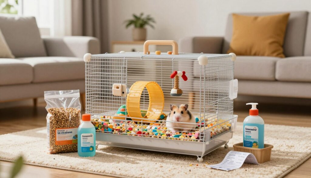 A cozy living room scene featuring a well-maintained hamster cage in a stylish, modern home setting. The cage is filled with colorful bedding, a wheel, and various toys. In the foreground, items representing monthly expenses are subtly placed: a bag of hamster food, a bottle of bedding, cleaning supplies, and a small stack of receipts. The middle ground showcases the hamster happily playing, adding a lively touch. In the background, soft natural lighting filters through a window, casting gentle shadows across the room. The atmosphere is warm and inviting, with a sense of care and responsibility reflected in the setting. Focused on the details of the scene, create an informative but friendly feel, perfect for illustrating monthly upkeep costs.