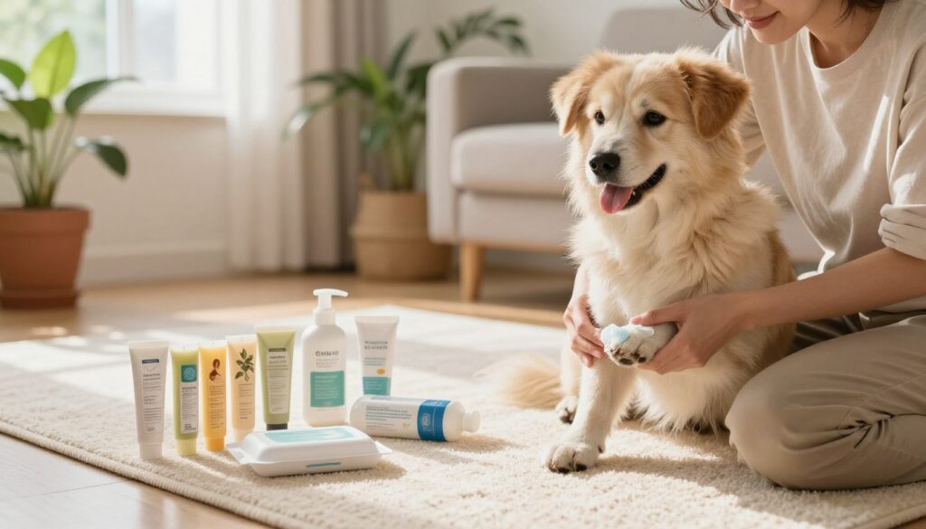 A cozy living room scene where a pet owner carefully tends to their dog's paws after a walk. In the foreground, a focused individual kneels beside a happy dog, gently applying a soothing balm to its paws. The dog's fur is fluffy and clean, and its expression is content. In the middle ground, various pet care products are neatly arranged on a soft, textured mat, showcasing natural balms and wipes. Soft morning light filters in through a window, creating a warm, inviting atmosphere. The background features potted plants and a comfortable couch, suggesting a nurturing home environment. The mood is calm and caring, emphasizing the importance of paw care in preventing cracks and irritation. A cozy living room scene where a pet owner carefully tends to their dog's paws after a walk. In the foreground, a focused individual kneels beside a happy dog, gently applying a soothing balm to its paws. The dog's fur is fluffy and clean, and its expression is content. In the middle ground, various pet care products are neatly arranged on a soft, textured mat, showcasing natural balms and wipes. Soft morning light filters in through a window, creating a warm, inviting atmosphere. The background features potted plants and a comfortable couch, suggesting a nurturing home environment. The mood is calm and caring, emphasizing the importance of paw care in preventing cracks and irritation.