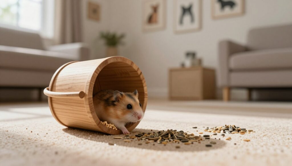 A cozy living room setting with a focus on a creative hamster trap made from a bucket. In the foreground, a detailed wooden bucket is placed sideways, with soft bedding inside to attract a curious hamster. The middle ground shows small piles of seeds scattered around, enticing the pet to explore. The background features a light-colored wall adorned with pet-related artwork, giving a warm, inviting atmosphere. Soft, natural lighting filters through a nearby window, casting gentle shadows and highlighting the textures of the bucket and seeds. The overall mood is calm and safe, emphasizing a stress-free environment for catching a runaway hamster without chasing. A shallow depth of field keeps the focus on the trap while softly blurring the background.
