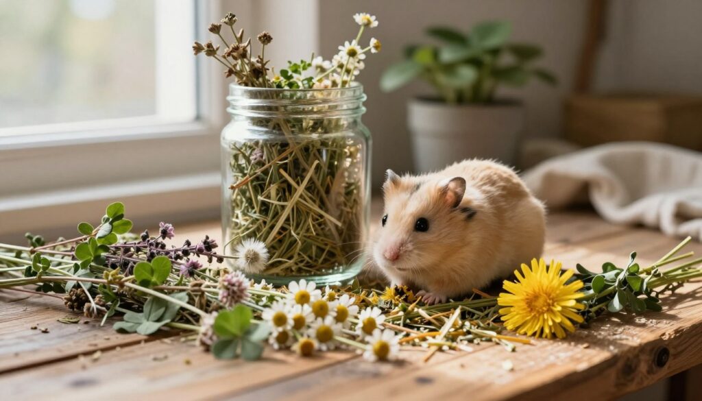 A cozy scene depicting a variety of dried herbs and grasses ideal for small rodents like Syrian hamsters. In the foreground, a colorful pile of fresh hay and fragrant dried herbs, such as chamomile, dandelion, and clover, spread out on a rustic wooden surface. In the middle ground, a clear glass jar filled with more assorted dried herbs sits enticingly, inviting small animals to explore. The soft, natural light filters through a nearby window, casting gentle shadows and creating a warm atmosphere. In the background, hints of a tranquil indoor environment are visible, with potted plants and soft textiles, contributing to a peaceful mood ideal for small pet care. The overall feel should be inviting and nurturing, showcasing a healthy, vibrant diet for small animals.