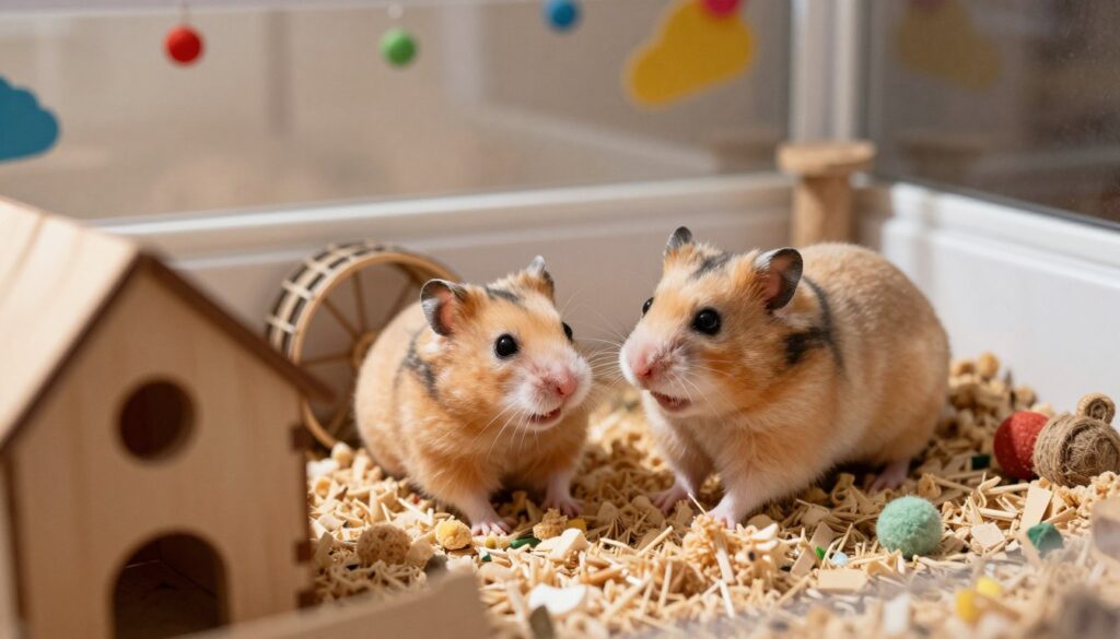 A cozy scene depicting two hamsters in a spacious, well-furnished enclosure, with one hamster looking distressed while the other appears dominant and aggressive, showcasing signs of territorial behavior. The foreground features a small wooden house and a wheel, while the middle ground highlights soft bedding and chew toys. The background displays a clear view of the enclosure's walls, adorned with colorful decorations, to create an inviting atmosphere. The lighting is warm and natural, simulating sunlight, enhancing the details in the fur of the hamsters. The angle is slightly tilted to give a dynamic perspective, ensuring the focus remains on the interaction between the two animals, evoking a sense of urgency and concern for their well-being.