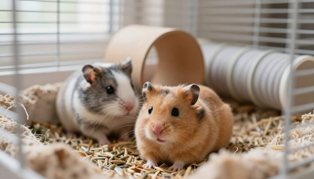 A cozy scene featuring a couple of domestic hamsters nestled in their bedding inside a well-furnished cage, showcasing various small toys and tubes. In the foreground, focus on a fluffy, golden-brown hamster with bright eyes, appearing relaxed, surrounded by soft bedding sprinkled with seeds. In the middle, include another hamster, possibly a gray-and-white banded variety, peeking out curiously from behind a miniature wheel. The background presents a softly lit room, with gentle natural light filtering through a nearby window, creating a warm, inviting atmosphere that emphasizes the tranquility of their habitat. The overall mood should reflect comfort and contentment, suitable for understanding hamsters' winter behaviors. A cozy scene featuring a couple of domestic hamsters nestled in their bedding inside a well-furnished cage, showcasing various small toys and tubes. In the foreground, focus on a fluffy, golden-brown hamster with bright eyes, appearing relaxed, surrounded by soft bedding sprinkled with seeds. In the middle, include another hamster, possibly a gray-and-white banded variety, peeking out curiously from behind a miniature wheel. The background presents a softly lit room, with gentle natural light filtering through a nearby window, creating a warm, inviting atmosphere that emphasizes the tranquility of their habitat. The overall mood should reflect comfort and contentment, suitable for understanding hamsters' winter behaviors.