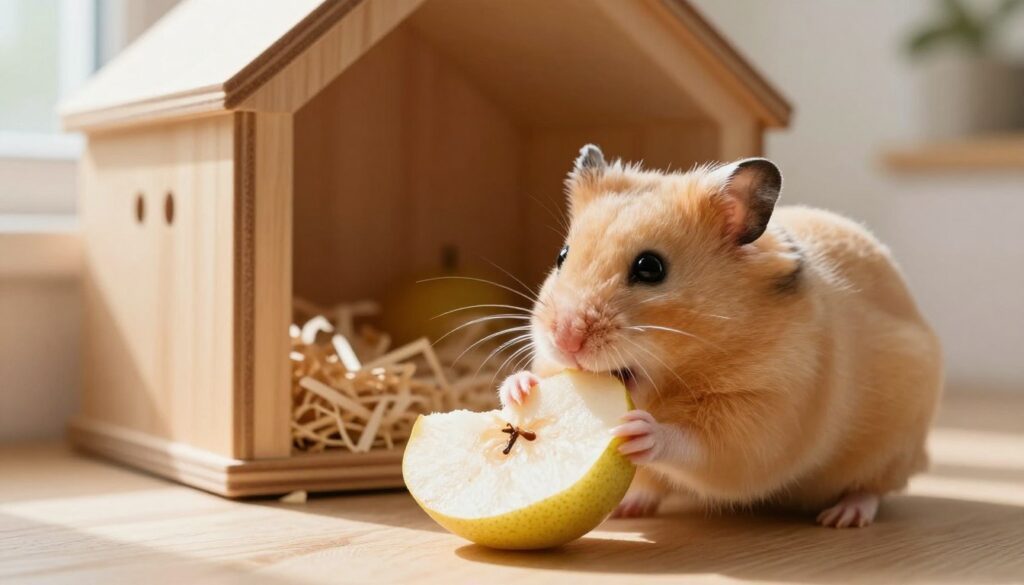 A cozy scene featuring a fluffy, golden hamster nibbling on a freshly cut slice of pear. The hamster is in the foreground, with its little paws grasping the juicy fruit, showcasing its cute whiskers and beady eyes. In the middle, a small, wooden hamster cage and soft bedding create a natural habitat, with bits of shredded paper and cozy corners for the hamster. The background includes a serene home environment, softly lit with warm, natural light streaming in from a nearby window, creating a peaceful atmosphere. The overall composition highlights the adorable interaction between the hamster and the fruit, evoking a sense of care and safety in preparing a healthy snack for the little pet.
