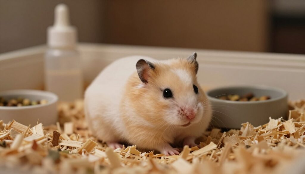 A cozy scene featuring a small, fluffy hamster nestled in its bedding, appearing peaceful and serene, to depict the theme of checking on a pet's health. In the foreground, the hamster is curled up, showcasing its soft fur and tiny paws tucked underneath. The middle ground reveals a simple, clean habitat with wood shavings, a small water bottle, and a food dish nearby, emphasizing care and concern. The background softly blurs into a warm, dimly lit room, creating a calm atmosphere with gentle ambient light. Capture the softness of the scene with a focus on the hamster, shot from a slightly elevated angle to emphasize its cuteness. Convey a sense of tranquility, reassuring the viewer.