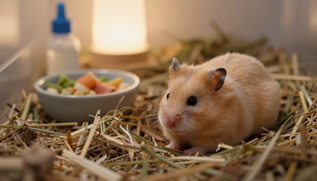 A cozy, softly lit hamster habitat depicting a hibernating golden hamster nestled in a comfortable nest of natural bedding materials and soft hay. The foreground features the hamster, with its fur slightly ruffled, breathing peacefully. In the middle ground, a small bowl of fresh food and a tiny water bottle hint at care and concern, while the background reveals a warm, inviting environment with muted colors and a gentle glow reflecting from a small lamp, creating a serene atmosphere. Ensure the scene conveys warmth and safety, emphasizing the importance of proper care when waking a hibernating hamster, without including any people or overly busy elements. Focus on capturing a sense of tranquility and safety surrounding the hamster in its natural habitat.