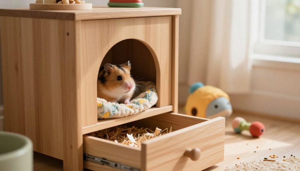 A cozy, softly lit room featuring a natural wooden cabinet with small openings where a curious hamster peeks out from its hidden spot, surrounded by colorful pet bedding and miniature toys. In the foreground, a gently opened drawer reveals a small nest of shredded paper, creating a warm and inviting atmosphere. The middle ground showcases scattered pellets and chew toys, hinting at the hamster's playful nature. In the background, a window allows soft, diffused sunlight to illuminate the scene, casting delicate shadows. The overall mood is calm and peaceful, evoking a sense of safety and comfort for both the pet and the observer, emphasizing the theme of gentle exploration in a pet-friendly environment.