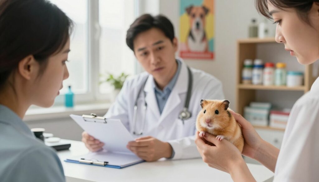 A cozy veterinarian's office with a warm and inviting atmosphere. In the foreground, a concerned pet owner gently holds a small golden hamster, showcasing it with care and attention. The hamster appears slightly anxious, with tiny eyes wide and fur slightly ruffled. In the middle ground, a professional veterinarian in a white coat examines a medical chart, looking towards the pet and owner, displaying empathy. The background features soft, natural lighting filtering through a window, surrounded by colorful pet care posters and a shelf stocked with hamster supplies. The mood is serious yet supportive, reflecting the importance of pet care and readiness for a vet visit. The image captures a moment of concern and hope for the little pet's health.