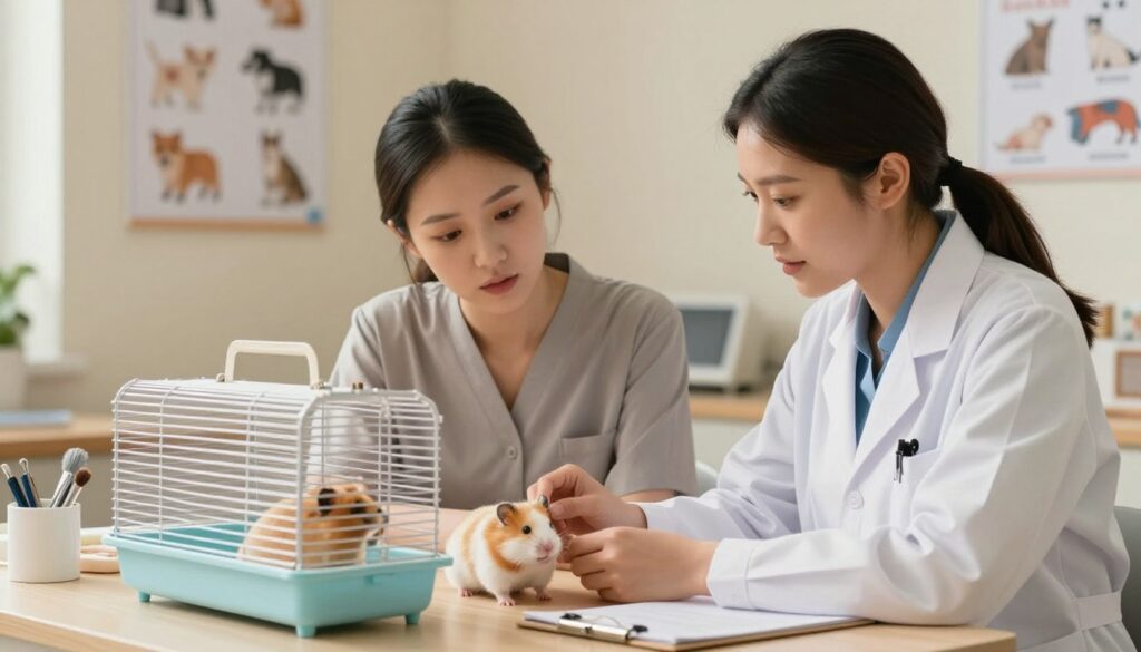 A cozy veterinary clinic interior featuring a concerned pet owner with a small hamster in a well-lit examination room. The owner, a young woman in a professional outfit, is discussing her pet's nighttime behavior with a friendly veterinarian dressed in a lab coat. In the foreground, the veterinarian is examining the hamster in a small transparent cage, surrounded by various veterinary tools and a notepad. In the background, soft, warm lighting enhances the comforting atmosphere, with posters of pet care guidelines on the walls. The mood is serious yet reassuring, emphasizing the importance of veterinary consultation for pet health. Natural lighting highlights the scene, creating an inviting and professional environment. A cozy veterinary clinic interior featuring a concerned pet owner with a small hamster in a well-lit examination room. The owner, a young woman in a professional outfit, is discussing her pet's nighttime behavior with a friendly veterinarian dressed in a lab coat. In the foreground, the veterinarian is examining the hamster in a small transparent cage, surrounded by various veterinary tools and a notepad. In the background, soft, warm lighting enhances the comforting atmosphere, with posters of pet care guidelines on the walls. The mood is serious yet reassuring, emphasizing the importance of veterinary consultation for pet health. Natural lighting highlights the scene, creating an inviting and professional environment.
