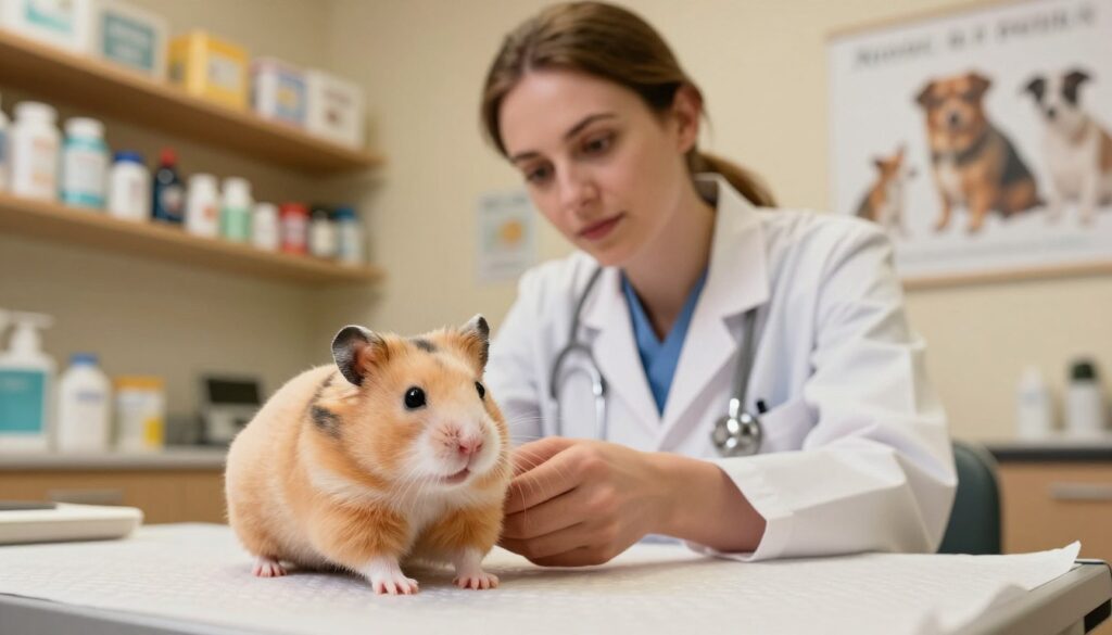 A cozy veterinary clinic interior, softly lit with warm, inviting lighting. In the foreground, a concerned hamster is perched on an examination table, its little paws raised slightly as it looks around anxiously. In the middle ground, a caring veterinarian, dressed in a white coat and casual attire, is gently examining the hamster, showing compassion and attentiveness in their expression. On the background wall, shelves are lined with pet care supplies and a poster of small animals. The atmosphere is one of nurturing and alertness, emphasizing the urgency of the veterinary visit. The camera angle captures both the hamster and the vet in a close-up, highlighting the bond between them. A cozy veterinary clinic interior, softly lit with warm, inviting lighting. In the foreground, a concerned hamster is perched on an examination table, its little paws raised slightly as it looks around anxiously. In the middle ground, a caring veterinarian, dressed in a white coat and casual attire, is gently examining the hamster, showing compassion and attentiveness in their expression. On the background wall, shelves are lined with pet care supplies and a poster of small animals. The atmosphere is one of nurturing and alertness, emphasizing the urgency of the veterinary visit. The camera angle captures both the hamster and the vet in a close-up, highlighting the bond between them.