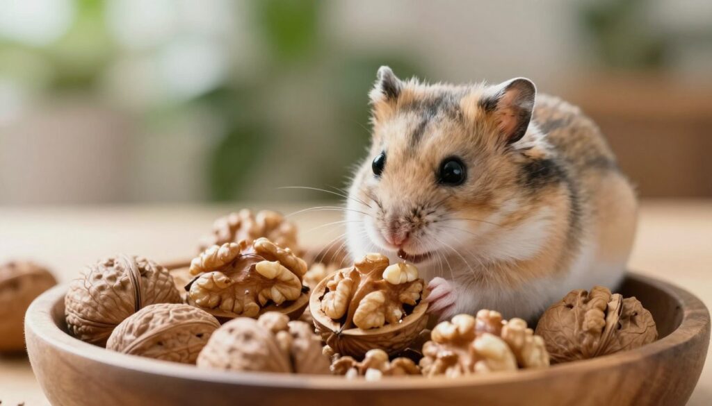 A cozy, warm setting featuring a small, curious hamster exploring a wooden bowl filled with fresh walnuts. In the foreground, the hamster is gently sniffing a half-open walnut shell, revealing the rich, creamy nut inside. The middle ground presents a scattering of whole walnuts and their shells, giving a natural, playful ambiance. The background consists of soft, blurred greenery, resembling a home environment with hints of natural light streaming through, creating a cheerful atmosphere. Use a close-up shot with a shallow depth of field to emphasize the hamster and walnuts, capturing the essence of the moment in sharp detail. The lighting should be warm and inviting, enhancing the texture of the walnuts and the soft fur of the hamster. A cozy, warm setting featuring a small, curious hamster exploring a wooden bowl filled with fresh walnuts. In the foreground, the hamster is gently sniffing a half-open walnut shell, revealing the rich, creamy nut inside. The middle ground presents a scattering of whole walnuts and their shells, giving a natural, playful ambiance. The background consists of soft, blurred greenery, resembling a home environment with hints of natural light streaming through, creating a cheerful atmosphere. Use a close-up shot with a shallow depth of field to emphasize the hamster and walnuts, capturing the essence of the moment in sharp detail. The lighting should be warm and inviting, enhancing the texture of the walnuts and the soft fur of the hamster.