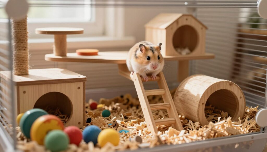 A cozy, well-furnished hamster cage filled with various climbing structures and tunnels, showcasing a curious hamster climbing up a multi-level setup with miniature ladders and platforms. The foreground features bright, colorful chew toys and natural wood elements. In the middle ground, a spacious area highlights the importance of environment, with a habitat filled with bedding and soft hiding spots. The background shows a gentle, warm light filtering through a nearby window, casting soft shadows that enhance the textures of the cage. The atmosphere is playful and engaging, emphasizing the hamster's exploration instincts in a thoughtfully designed living space that fosters activity and joy.