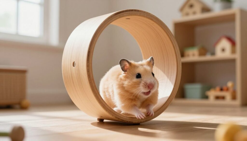 A cozy, well-lit indoor environment featuring a small, energetic hamster running joyfully on a wooden exercise wheel. In the foreground, the hamster has soft, golden fur and bright eyes, showcasing its lively spirit. The middle ground captures the detailed texture of the wheel, with gentle wear from use, emphasizing the hamster's active lifestyle. In the background, shelves filled with small toys and treats create a warm, inviting atmosphere. Soft, natural lighting streams through a nearby window, casting subtle shadows and highlighting the hamster's movement. The scene evokes a sense of playful energy and health, inviting viewers to ponder the balance between exercise and stress in pets.