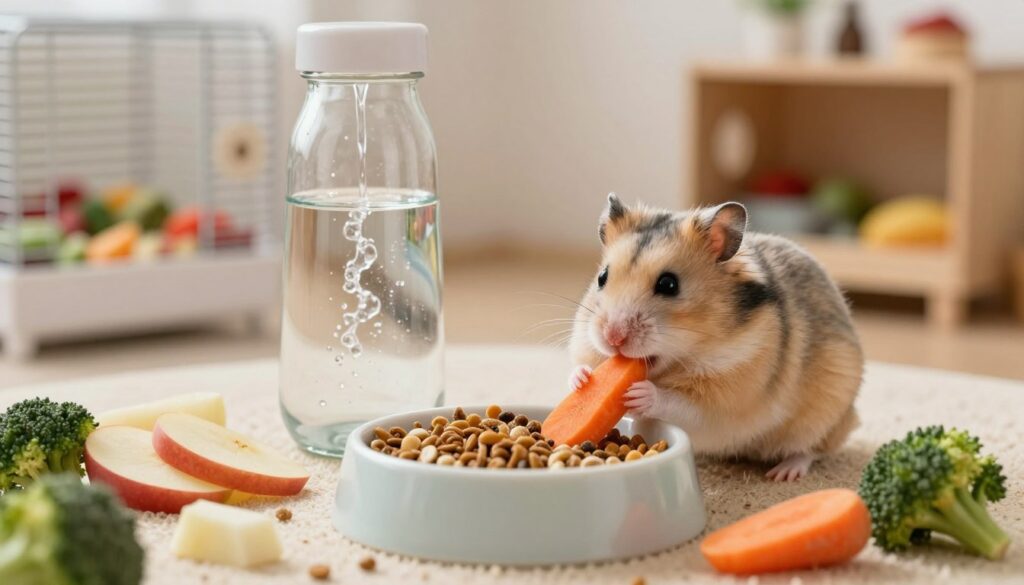 A cozy, well-organized hamster feeding station, featuring a cute, fluffy hamster joyfully munching on a fresh piece of carrot. In the foreground, there is an aesthetically pleasing bowl filled with high-quality hamster pellets, surrounded by small portions of safe fruits and vegetables like apple slices and broccoli. The middle ground showcases a glass water bottle with a clear, refreshing stream of water. The background is softly blurred, depicting a warm, inviting room decorated with a small hamster cage, colorful bedding, and playful toys. The lighting is bright and natural, emitting a cheerful atmosphere, suggesting a safe and nurturing environment for the hamster. A cozy, well-organized hamster feeding station, featuring a cute, fluffy hamster joyfully munching on a fresh piece of carrot. In the foreground, there is an aesthetically pleasing bowl filled with high-quality hamster pellets, surrounded by small portions of safe fruits and vegetables like apple slices and broccoli. The middle ground showcases a glass water bottle with a clear, refreshing stream of water. The background is softly blurred, depicting a warm, inviting room decorated with a small hamster cage, colorful bedding, and playful toys. The lighting is bright and natural, emitting a cheerful atmosphere, suggesting a safe and nurturing environment for the hamster.