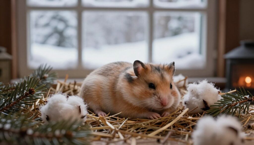 A cozy winter scene featuring a small, sleeping hamster nestled in a soft, warm bedding of hay and cotton. The hamster, with its fluffy fur and tiny paws tucked beneath its body, appears tranquil, surrounded by a gentle, ambient light that mimics the comforting warmth of a fireplace. In the foreground, the bedding is scattered with small pine needles and twigs, adding detail to the natural habitat. The middle ground reveals a soft-focus background of a winter landscape, with frosty window panes showing a snowy world outside. The atmosphere conveys a sense of peace and hibernation, with soft, diffused lighting casting a serene glow over the entire scene.