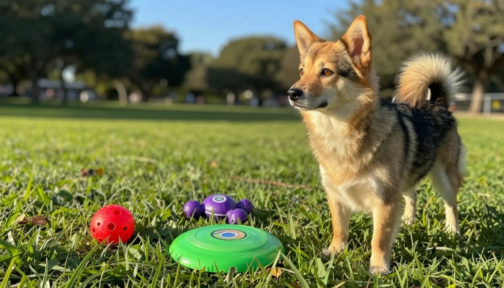 A curious dog stands in a vibrant, grassy park, gazing at three colorful objects—one red ball, a green frisbee, and a purple toy—positioned in a triangular arrangement on the ground. The foreground showcases the dog with its fur glistening in soft sunlight, revealing an expression of wonder and interest. In the middle ground, the bright toys contrast against the lush greenery, drawing attention to their colors. In the background, blurred trees and a clear blue sky enhance the serene atmosphere. The lighting is warm and inviting, capturing the essence of a sunny day. The scene evokes curiosity and a playful mood, emphasizing the exploration of color perception in dogs. A curious dog stands in a vibrant, grassy park, gazing at three colorful objects—one red ball, a green frisbee, and a purple toy—positioned in a triangular arrangement on the ground. The foreground showcases the dog with its fur glistening in soft sunlight, revealing an expression of wonder and interest. In the middle ground, the bright toys contrast against the lush greenery, drawing attention to their colors. In the background, blurred trees and a clear blue sky enhance the serene atmosphere. The lighting is warm and inviting, capturing the essence of a sunny day. The scene evokes curiosity and a playful mood, emphasizing the exploration of color perception in dogs.
