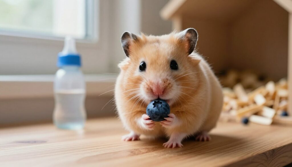 A curious golden hamster sitting on a wooden tabletop, nibbling a plump, vivid blueberry. The hamster has soft, fluffy fur and bright eyes, showing its playful personality. In the background, a cozy habitat with bedding and a small water bottle can be seen, adding warmth to the scene. Soft, natural light filters through a nearby window, creating a gentle, uplifting atmosphere. The focus is on the hamster in the foreground, with a shallow depth of field blurring the background slightly. Include rich, vibrant colors to emphasize the freshness of the blueberry and the hamster's fur, while capturing the innocence and curiosity of these small creatures in a home environment. A curious golden hamster sitting on a wooden tabletop, nibbling a plump, vivid blueberry. The hamster has soft, fluffy fur and bright eyes, showing its playful personality. In the background, a cozy habitat with bedding and a small water bottle can be seen, adding warmth to the scene. Soft, natural light filters through a nearby window, creating a gentle, uplifting atmosphere. The focus is on the hamster in the foreground, with a shallow depth of field blurring the background slightly. Include rich, vibrant colors to emphasize the freshness of the blueberry and the hamster's fur, while capturing the innocence and curiosity of these small creatures in a home environment.