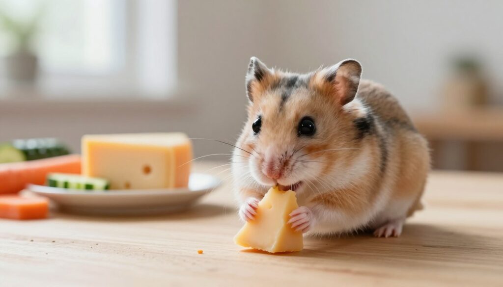A curious hamster sitting on a light wooden surface, nibbling on a small piece of yellow cheese. In the foreground, the hamster's soft fur is detailed with light brown and white patches, showcasing its tiny teeth as it enjoys the cheese. The middle ground features a small dish of cheese with a few other veggies like carrots and cucumber slices scattered around. In the background, a softly blurred view of a cozy, well-lit room with natural light streaming in through a nearby window, creating a warm and inviting atmosphere. The image captures a serene moment, emphasizing the innocence and playfulness of the hamster while reflecting the theme of healthy pet care. Bright, natural lighting enhances the colors and textures without shadows, creating a cheerful mood. A curious hamster sitting on a light wooden surface, nibbling on a small piece of yellow cheese. In the foreground, the hamster's soft fur is detailed with light brown and white patches, showcasing its tiny teeth as it enjoys the cheese. The middle ground features a small dish of cheese with a few other veggies like carrots and cucumber slices scattered around. In the background, a softly blurred view of a cozy, well-lit room with natural light streaming in through a nearby window, creating a warm and inviting atmosphere. The image captures a serene moment, emphasizing the innocence and playfulness of the hamster while reflecting the theme of healthy pet care. Bright, natural lighting enhances the colors and textures without shadows, creating a cheerful mood.