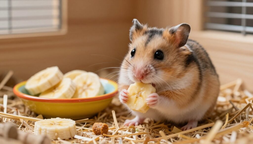 A curious hamster sitting upright on a soft bedding of straw, nibbling on a small piece of fresh banana. The foreground captures the hamster's fluffy fur, detailed whiskers, and round, bright eyes, evoking a sense of playfulness and charm. In the middle ground, a small, brightly colored dish holds additional banana slices, surrounded by a few scattered pieces of hamster food. The background features a cozy cage environment, with natural wood textures and soft lighting that creates a warm and inviting atmosphere. A gentle light source illuminates the scene, emphasizing the textures of the banana and the hamster's fur, while maintaining a soft focus in the background to draw attention to the subject. The overall mood is cheerful and informative, perfect for conveying the safe portion of banana for hamsters. A curious hamster sitting upright on a soft bedding of straw, nibbling on a small piece of fresh banana. The foreground captures the hamster's fluffy fur, detailed whiskers, and round, bright eyes, evoking a sense of playfulness and charm. In the middle ground, a small, brightly colored dish holds additional banana slices, surrounded by a few scattered pieces of hamster food. The background features a cozy cage environment, with natural wood textures and soft lighting that creates a warm and inviting atmosphere. A gentle light source illuminates the scene, emphasizing the textures of the banana and the hamster's fur, while maintaining a soft focus in the background to draw attention to the subject. The overall mood is cheerful and informative, perfect for conveying the safe portion of banana for hamsters.