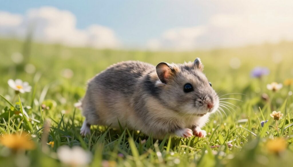 A cute Dzungarian hamster, featuring a fluffy gray coat, scurrying energetically across a lush green meadow. In the foreground, the hamster is depicted in a playful, dynamic pose, emphasizing its tiny paws and whiskers. In the middle ground, soft grass gently sways, filled with small wildflowers, creating a vivid contrast against the hamster's fur. The background features a warm, sunlit sky with a few fluffy clouds, enhancing the cheerful atmosphere. Use soft, natural lighting to highlight the texture of the hamster’s fur and the vibrant colors of the setting. A shallow depth of field focuses on the hamster, creating a charming and lively scene that evokes a sense of joy and playfulness.