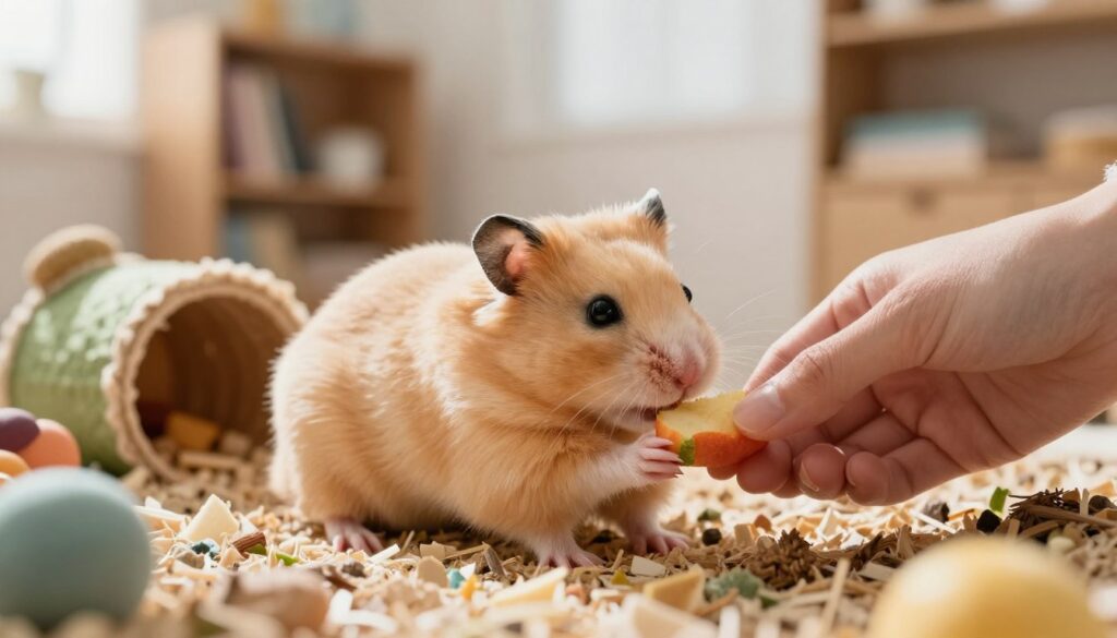 A cute Syrian hamster, known for its fluffy golden fur and expressive eyes, sits in a cozy, brightly colored habitat filled with natural elements like soft bedding, small tunnels, and chew toys. The hamster is depicted in the foreground, gently sniffing a small piece of fresh fruit held by a calm, caring human hand, suggesting the building of trust. In the middle ground, a softly lit room enhances the warm atmosphere, evoking a sense of connection and comfort. The background features a blurred bookshelf and a sunny window, illuminating the scene with soft sunlight, creating a harmonious and peaceful mood. The image captures the essence of trust-building between pets and their owners, highlighting the importance of smell, voice, and routine in their interaction. A cute Syrian hamster, known for its fluffy golden fur and expressive eyes, sits in a cozy, brightly colored habitat filled with natural elements like soft bedding, small tunnels, and chew toys. The hamster is depicted in the foreground, gently sniffing a small piece of fresh fruit held by a calm, caring human hand, suggesting the building of trust. In the middle ground, a softly lit room enhances the warm atmosphere, evoking a sense of connection and comfort. The background features a blurred bookshelf and a sunny window, illuminating the scene with soft sunlight, creating a harmonious and peaceful mood. The image captures the essence of trust-building between pets and their owners, highlighting the importance of smell, voice, and routine in their interaction.